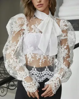 Deanwangkt - Floral sheer tulle top with puff sleeves