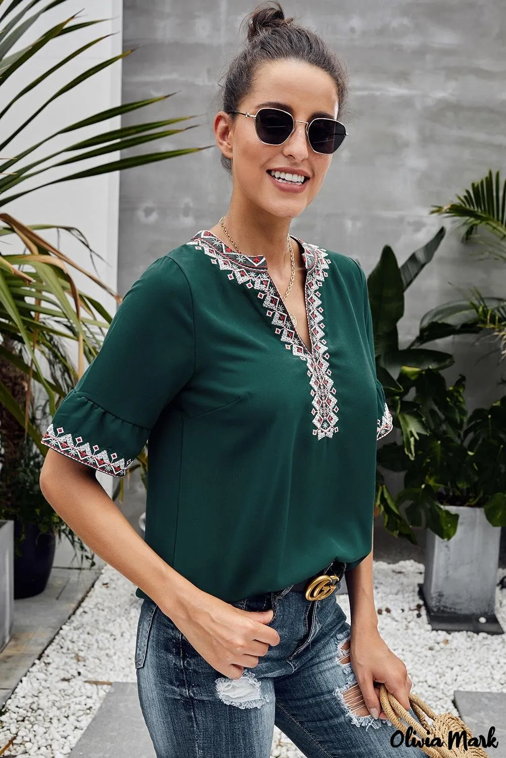 Deanwangkt - Green Bohemian Floral V-Neck Casual Blouse