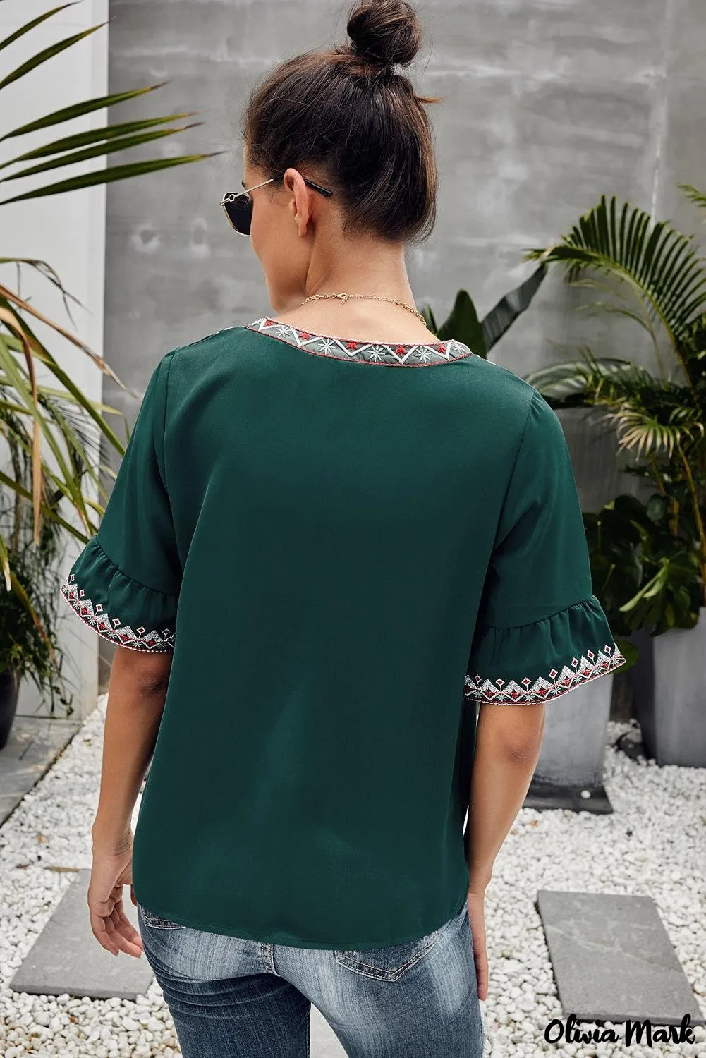 Deanwangkt - Green Bohemian Floral V-Neck Casual Blouse