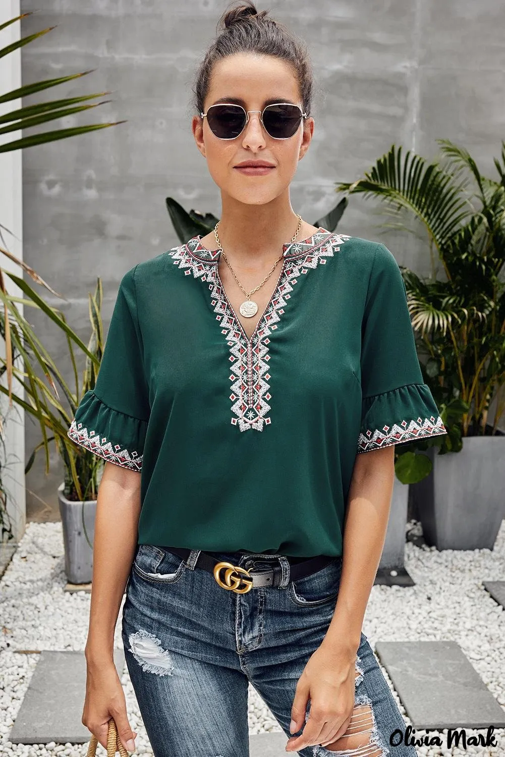 Deanwangkt - Green Bohemian Floral V-Neck Casual Blouse