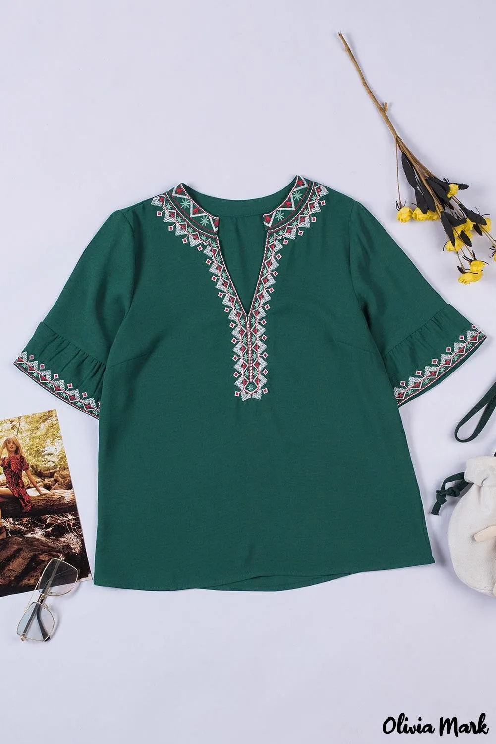 Deanwangkt - Green Bohemian Floral V-Neck Casual Blouse