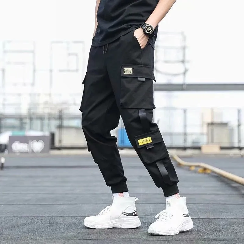 DEANWANGKT Mens Vintage Hip Hop Style Baggy Jeans Men's Side Pockets Cargo Harem Pants Ribbons Black Hip Hop Casual Male Joggers Trousers Fashion Casual Streetwear Pants 5XL