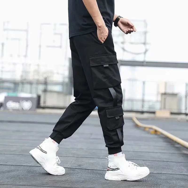 DEANWANGKT Mens Vintage Hip Hop Style Baggy Jeans Men's Side Pockets Cargo Harem Pants Ribbons Black Hip Hop Casual Male Joggers Trousers Fashion Casual Streetwear Pants 5XL