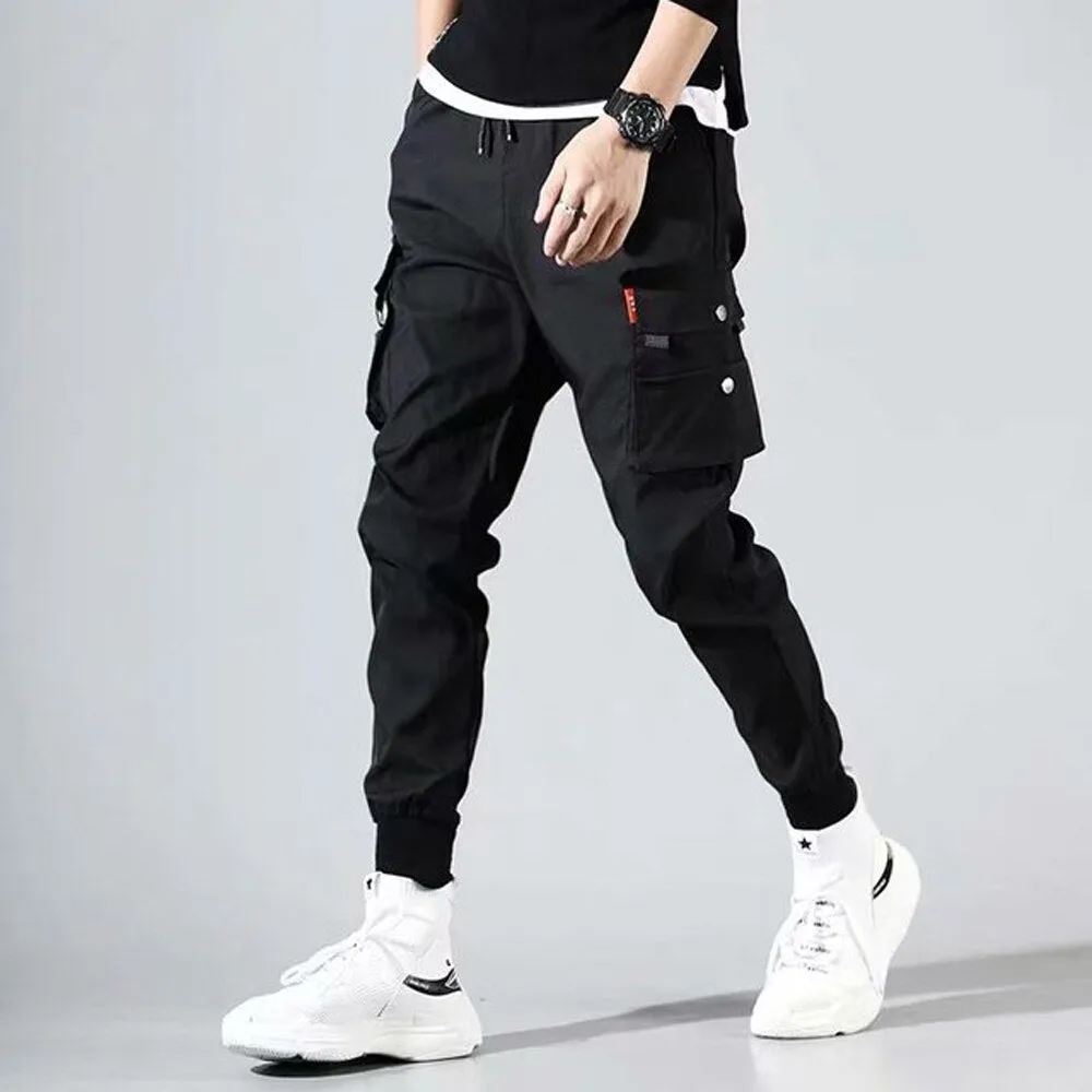 DEANWANGKT Mens Vintage Hip Hop Style Baggy Jeans Men's Side Pockets Cargo Harem Pants Ribbons Black Hip Hop Casual Male Joggers Trousers Fashion Casual Streetwear Pants 5XL