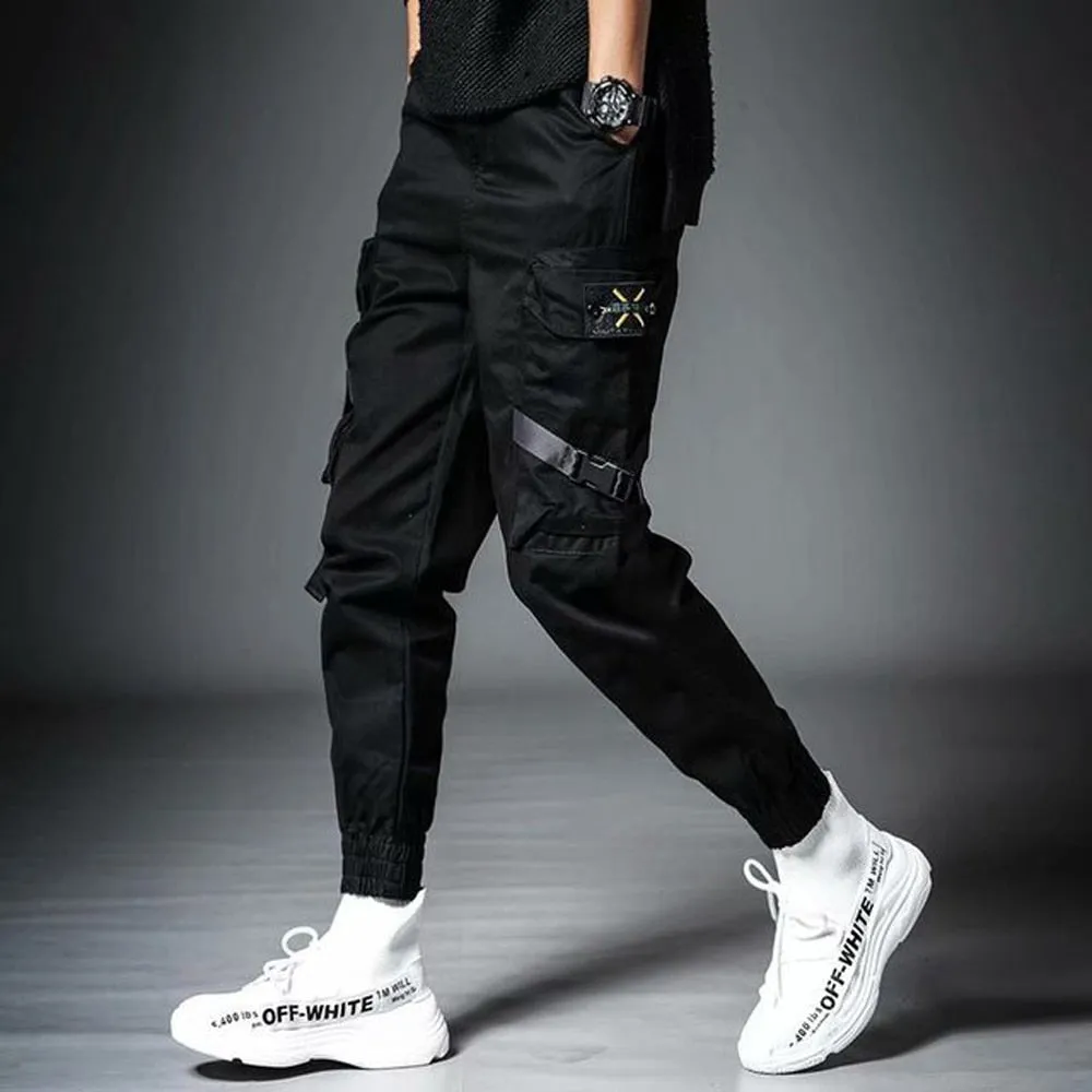 DEANWANGKT Mens Vintage Hip Hop Style Baggy Jeans Men's Side Pockets Cargo Harem Pants Ribbons Black Hip Hop Casual Male Joggers Trousers Fashion Casual Streetwear Pants 5XL