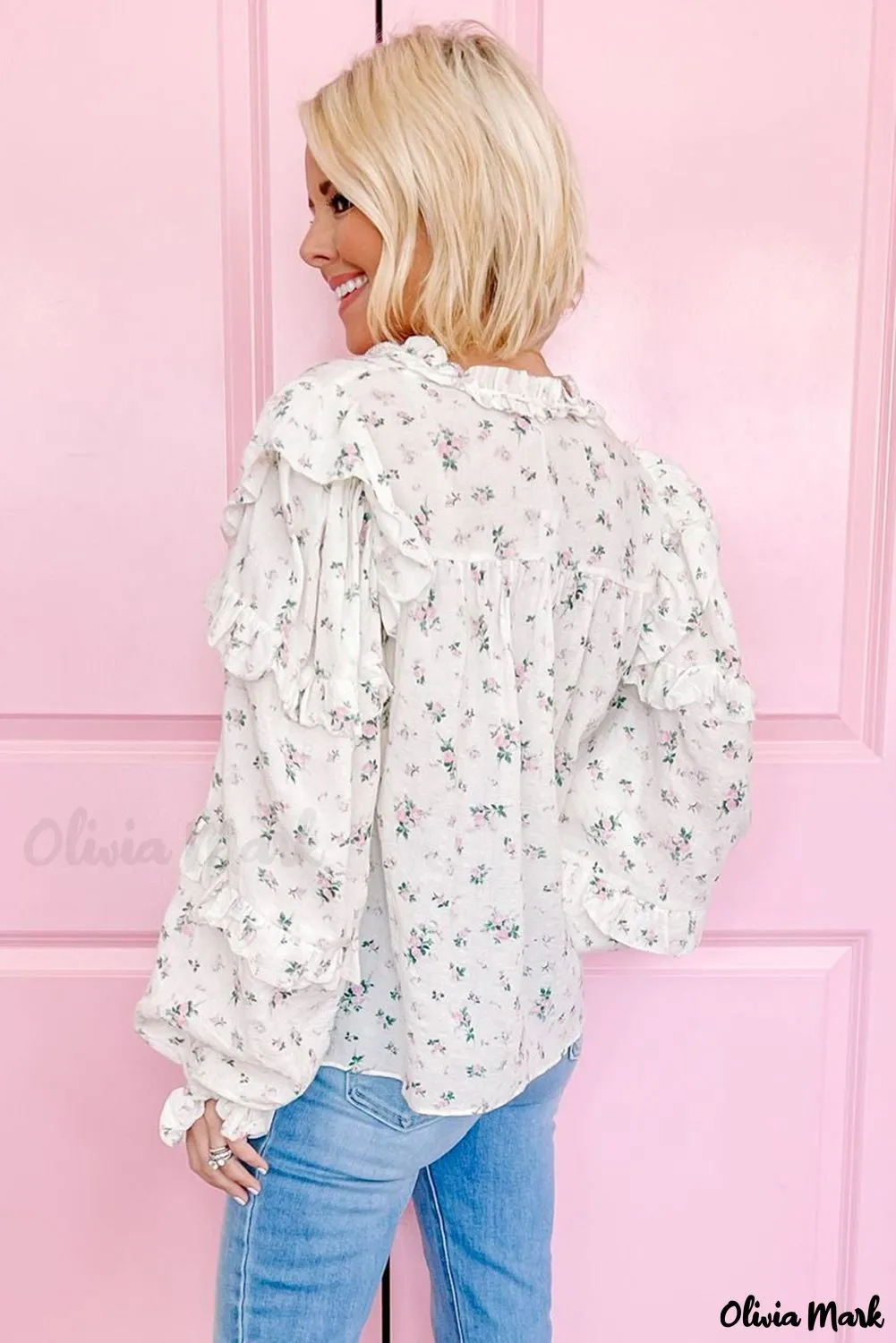 Deanwangkt - White Floral Ruffled Ruffled Floral Blouse