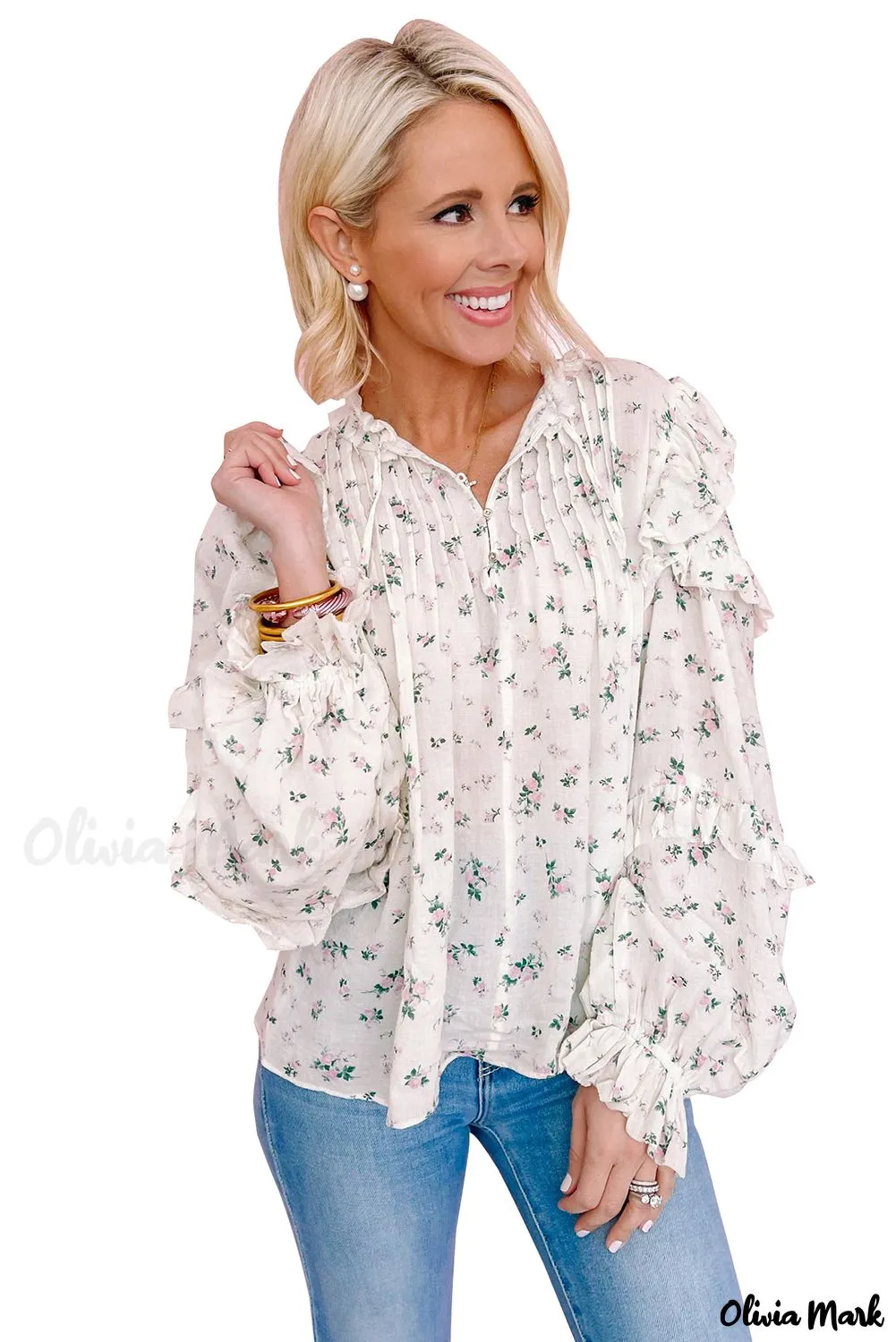 Deanwangkt - White Floral Ruffled Ruffled Floral Blouse