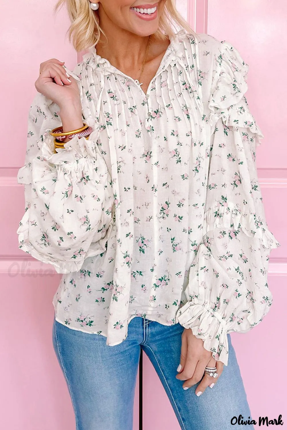 Deanwangkt - White Floral Ruffled Ruffled Floral Blouse