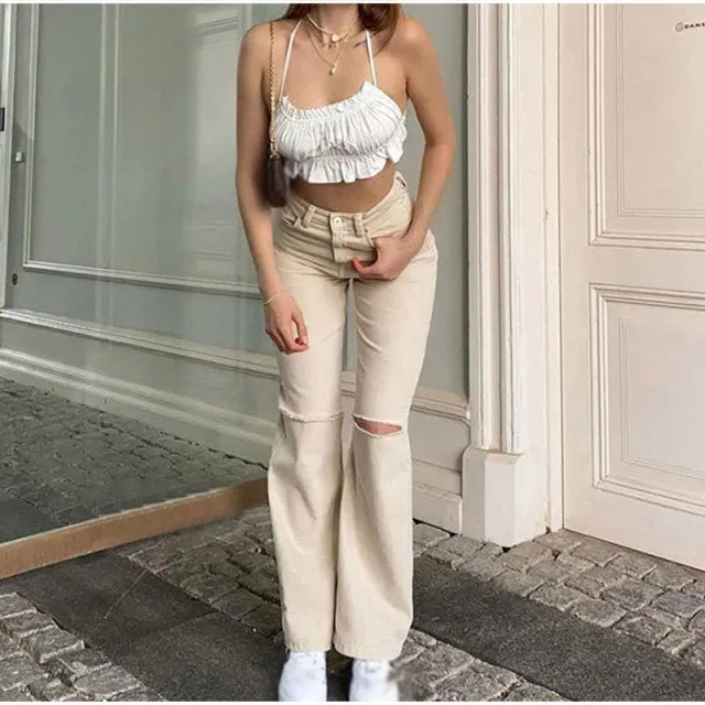 deanwangkt Y2k Blue Ripped Baggy Flare Pants Women High Waist Harajuku Wide Leg Denim Jeans Mom Female Streetwear Harajuku Trousers