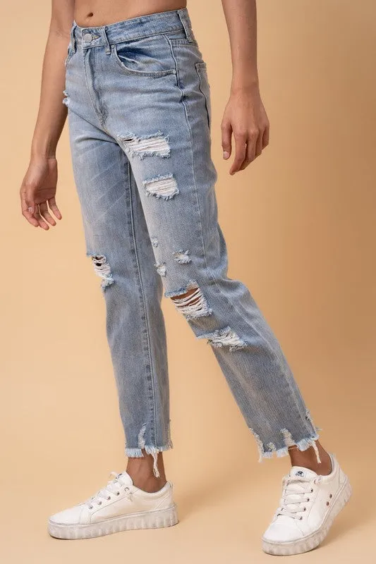 Denim Lab USA Fray Distressed Girlfriend Jeans