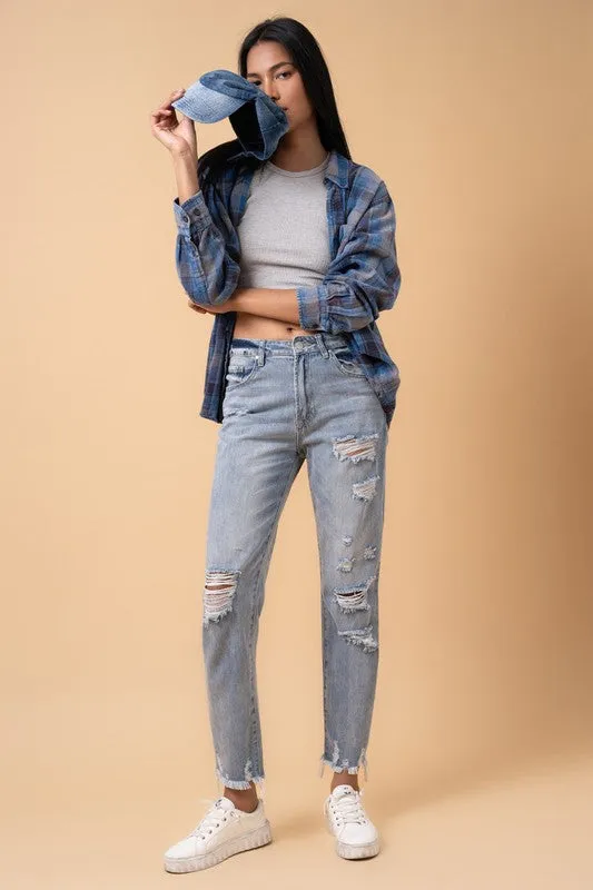 Denim Lab USA Fray Distressed Girlfriend Jeans