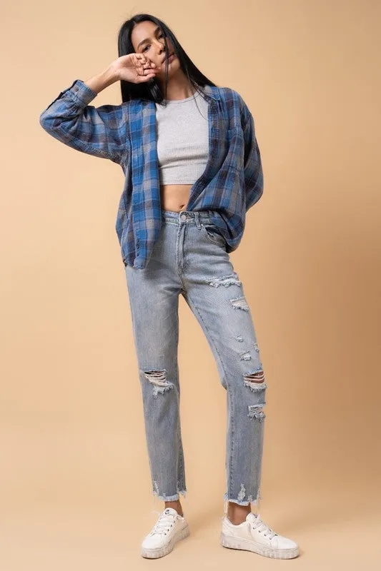 Denim Lab USA Fray Distressed Girlfriend Jeans