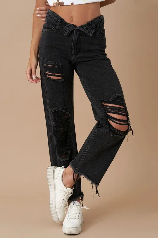 Denim Lab USA Frayed Flip Waist Straight Jeans