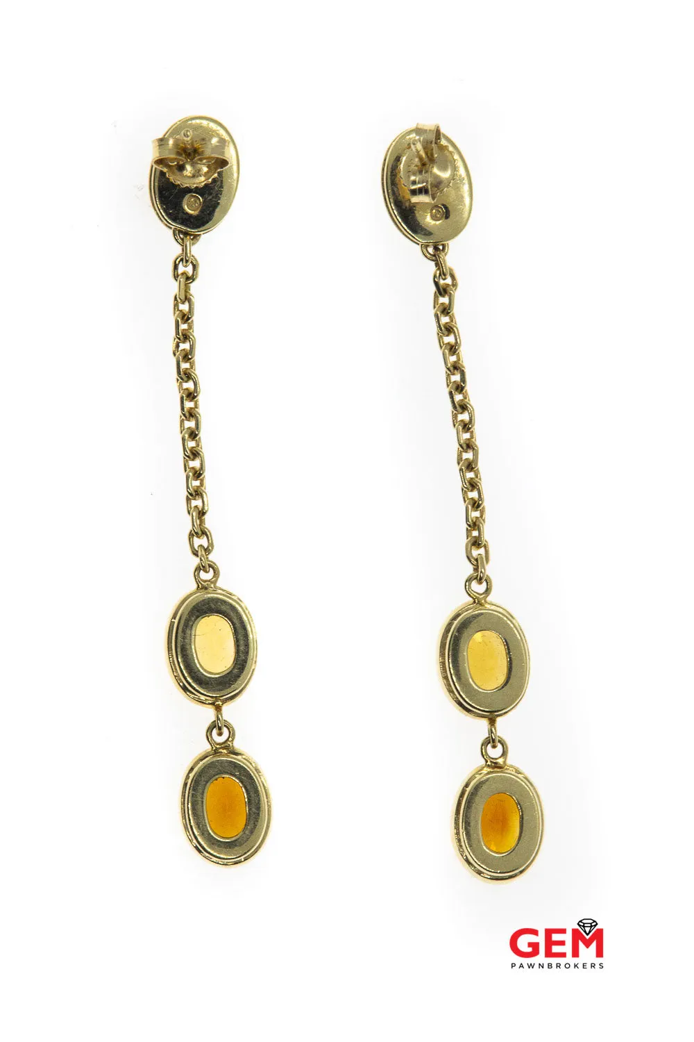 Diamond Pave & Citrine Gemstone Chain Link Drop Dangle 14K 585 Yellow Gold Earrings