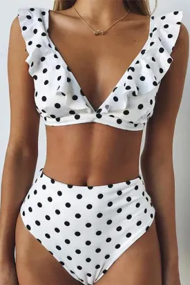 Dot Print Ruffles High Waist Bikini Set