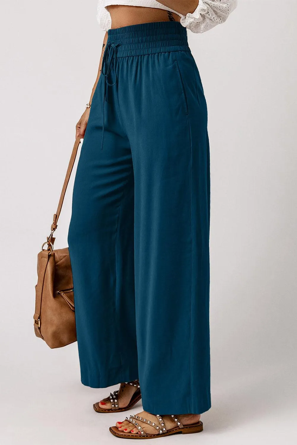 Drawstring Wide Leg  Pants with Elastic Waist for Work Casual for Women