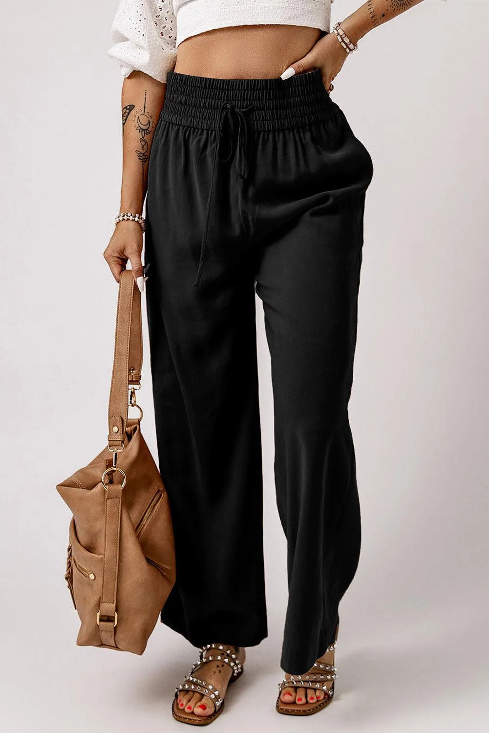 Drawstring Wide Leg  Pants with Elastic Waist for Work Casual for Women