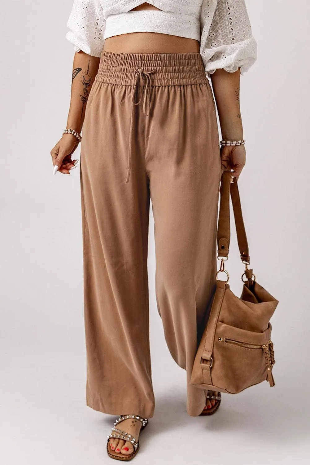 Drawstring Wide Leg  Pants with Elastic Waist for Work Casual for Women