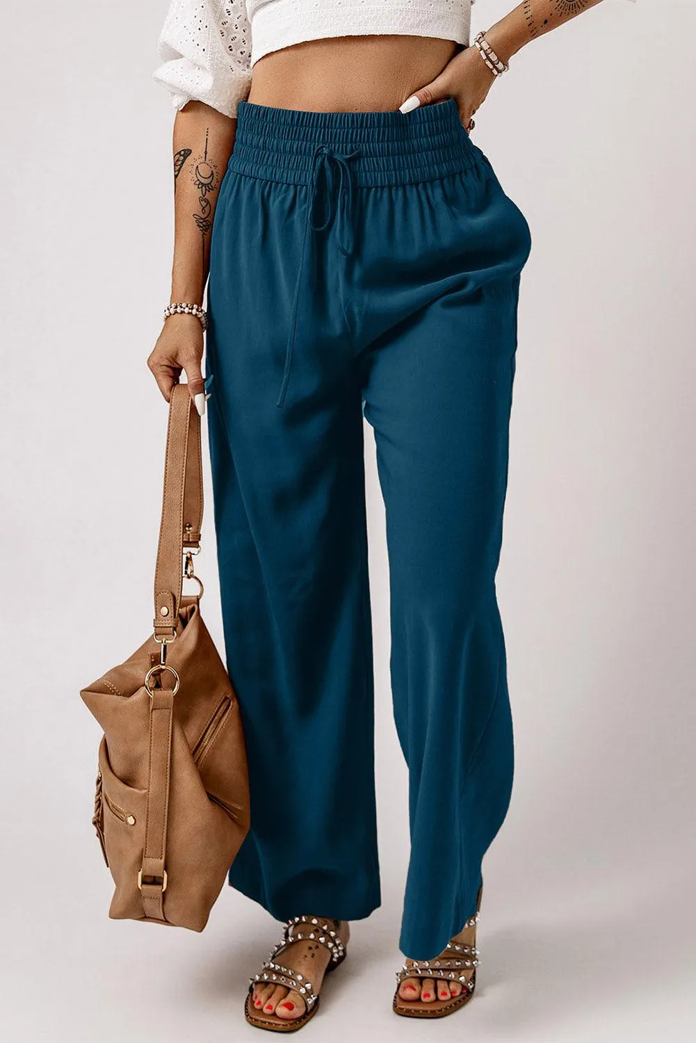 Drawstring Wide Leg  Pants with Elastic Waist for Work Casual for Women