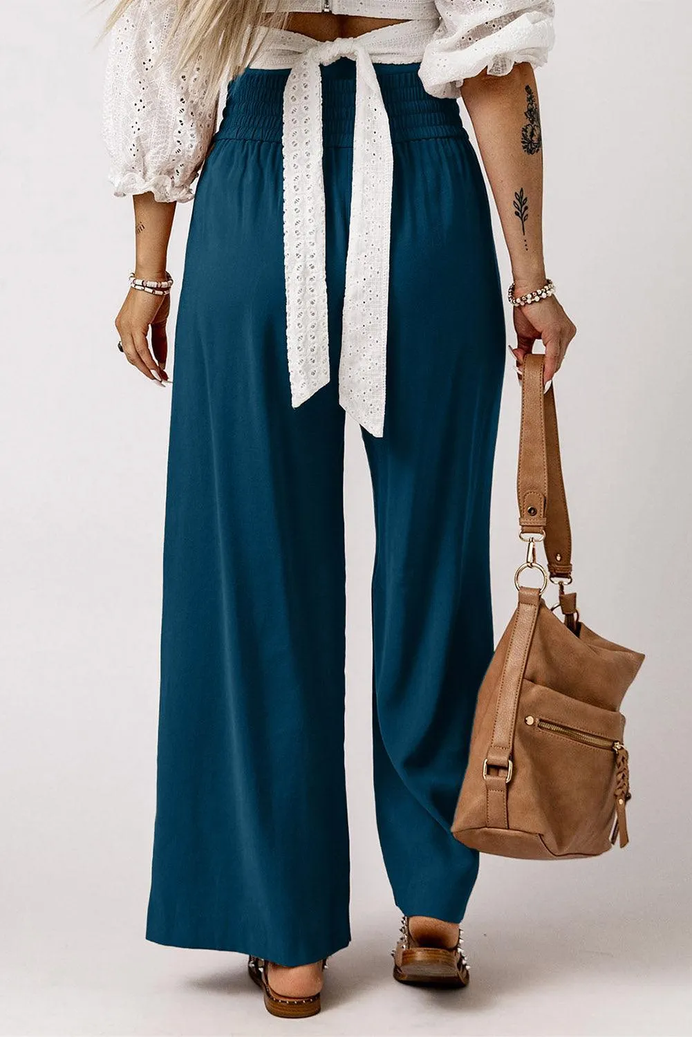 Drawstring Wide Leg  Pants with Elastic Waist for Work Casual for Women