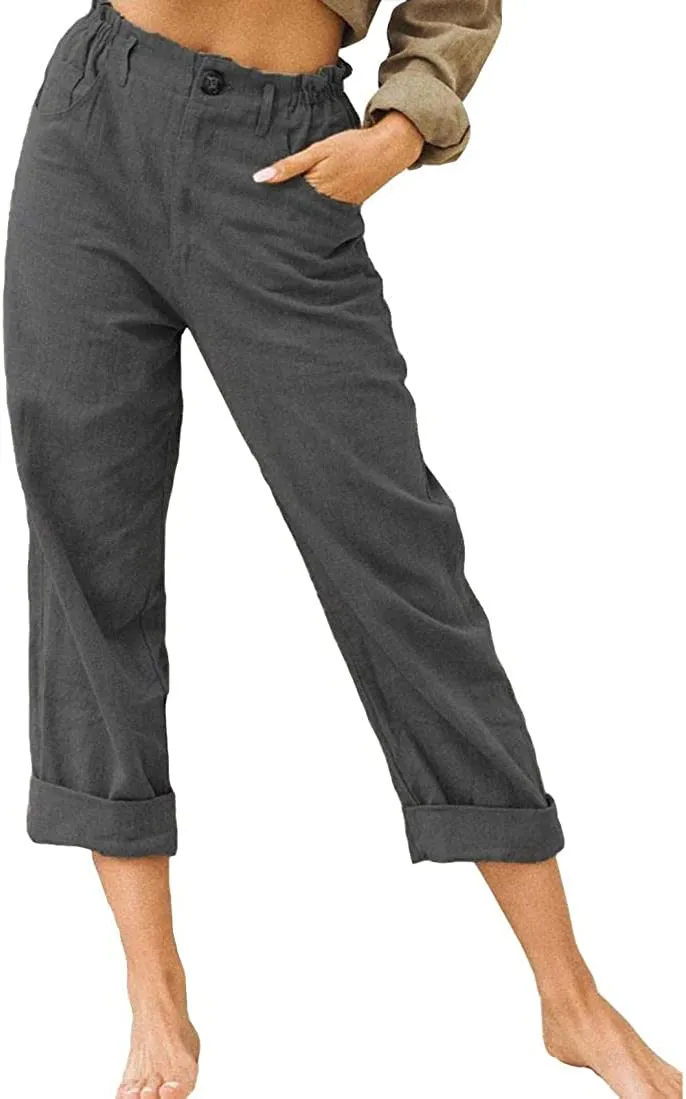 DressBetty - Linen Buttons Cropped Pants High Elastic Waist Stretch Capris Casual Work Crop Pants