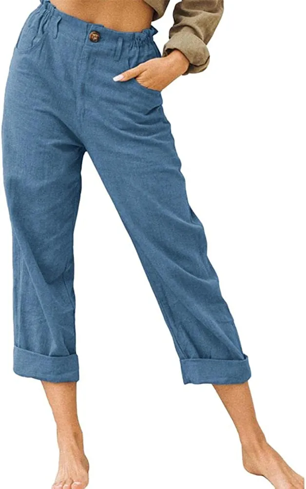 DressBetty - Linen Buttons Cropped Pants High Elastic Waist Stretch Capris Casual Work Crop Pants