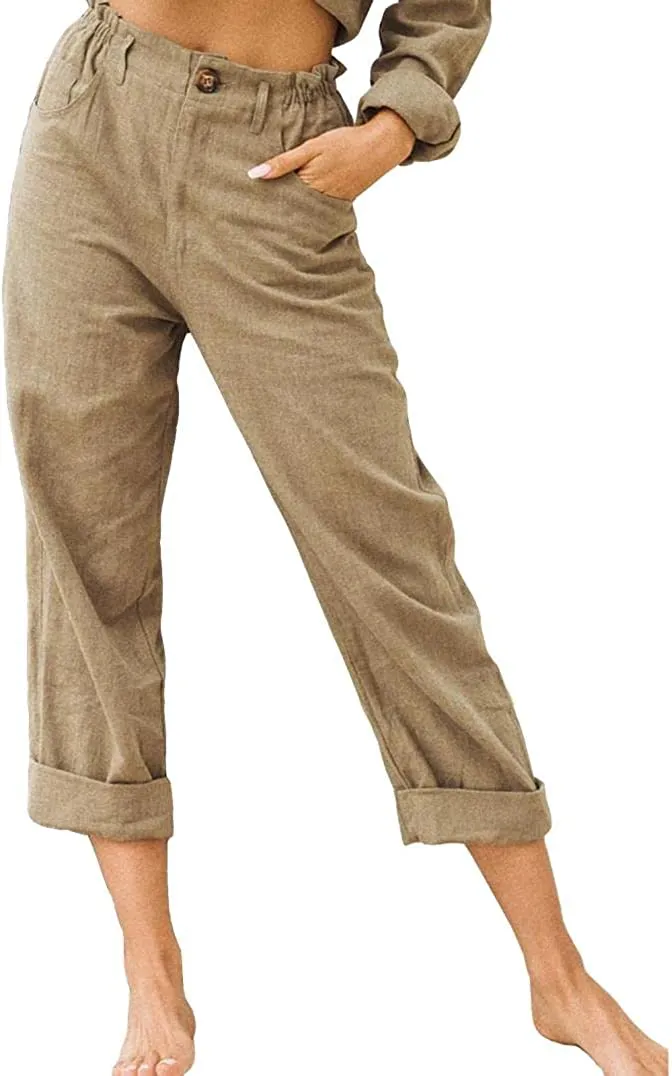 DressBetty - Linen Buttons Cropped Pants High Elastic Waist Stretch Capris Casual Work Crop Pants