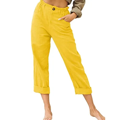 DressBetty - Linen Buttons Cropped Pants High Elastic Waist Stretch Capris Casual Work Crop Pants