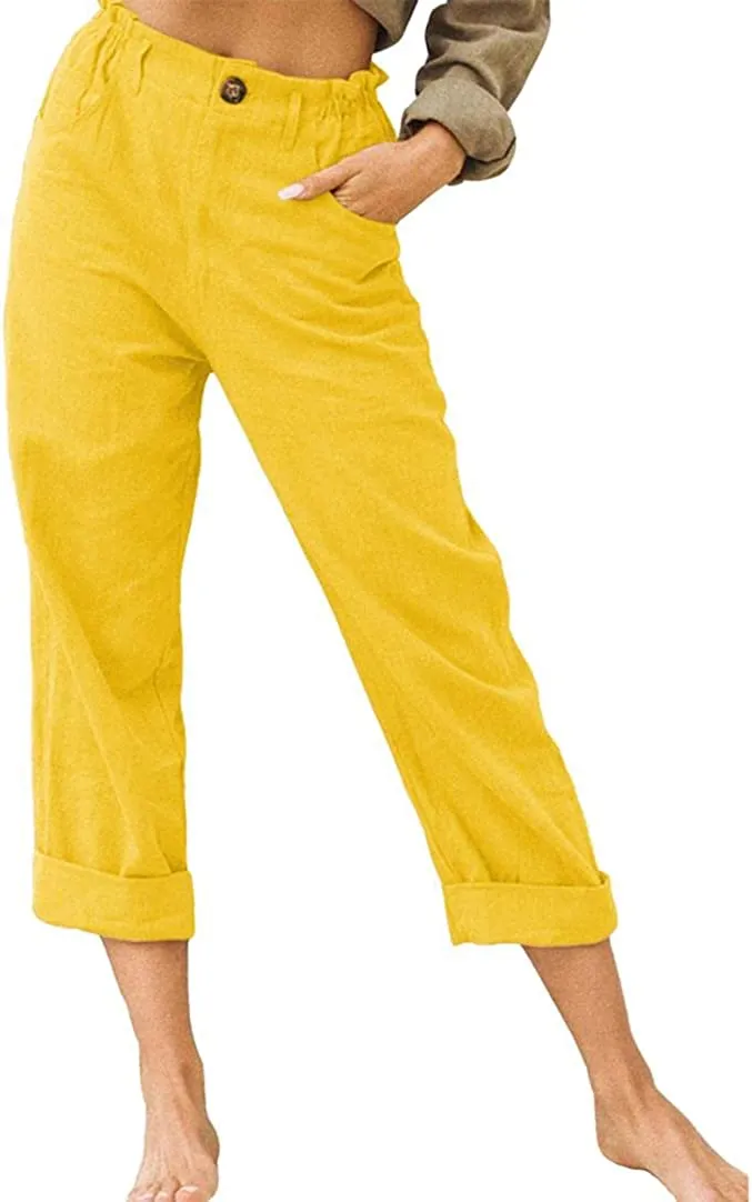 DressBetty - Linen Buttons Cropped Pants High Elastic Waist Stretch Capris Casual Work Crop Pants