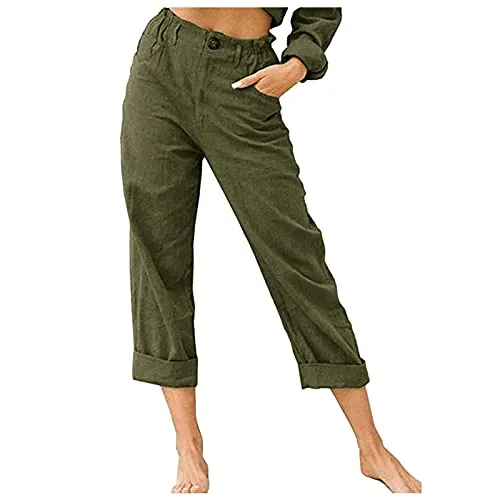 DressBetty - Linen Buttons Cropped Pants High Elastic Waist Stretch Capris Casual Work Crop Pants