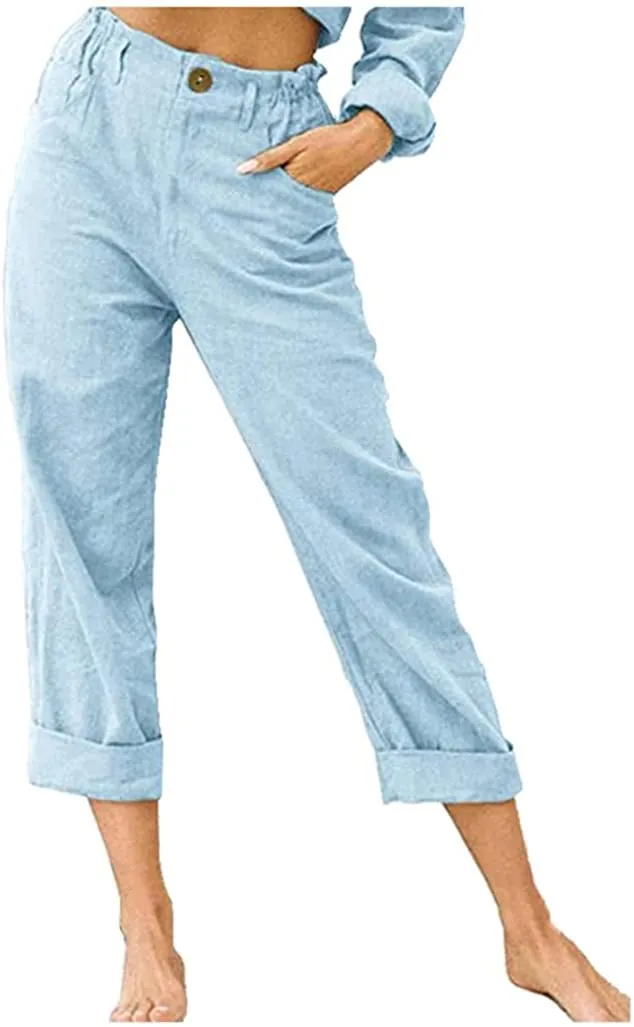 DressBetty - Linen Buttons Cropped Pants High Elastic Waist Stretch Capris Casual Work Crop Pants