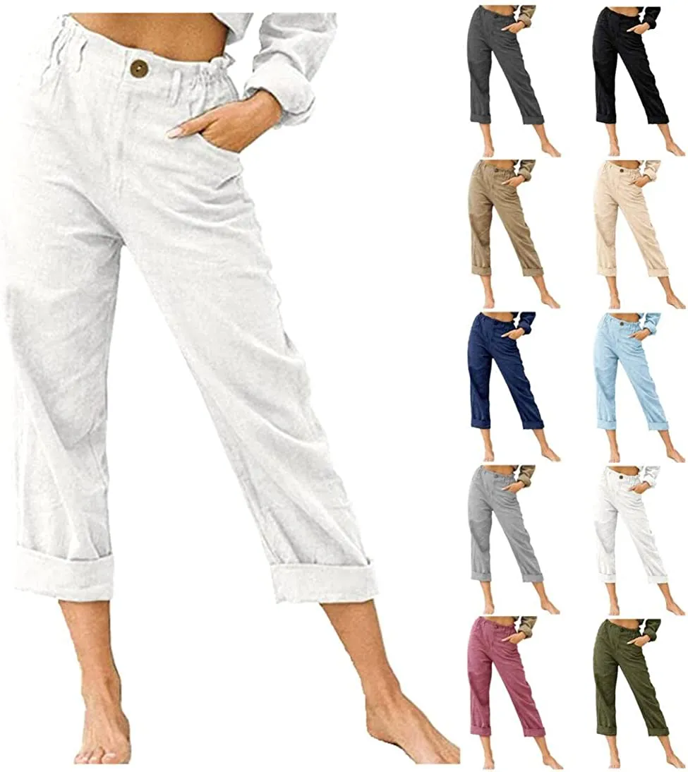 DressBetty - Linen Buttons Cropped Pants High Elastic Waist Stretch Capris Casual Work Crop Pants