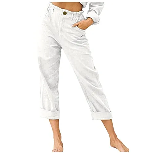 DressBetty - Linen Buttons Cropped Pants High Elastic Waist Stretch Capris Casual Work Crop Pants