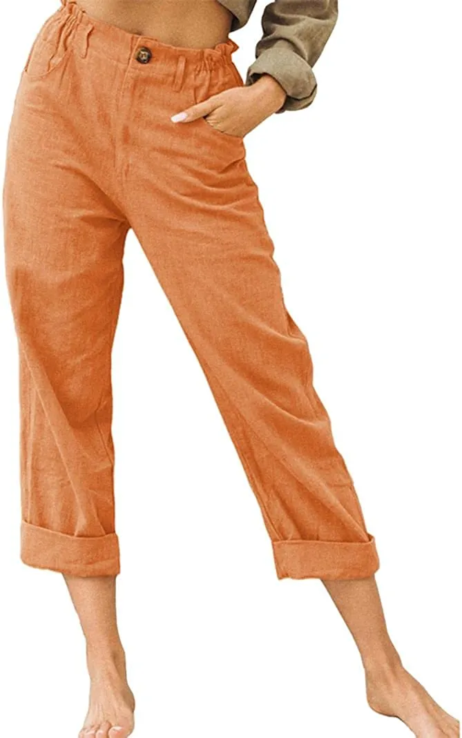 DressBetty - Linen Buttons Cropped Pants High Elastic Waist Stretch Capris Casual Work Crop Pants