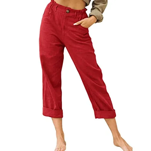 DressBetty - Linen Buttons Cropped Pants High Elastic Waist Stretch Capris Casual Work Crop Pants