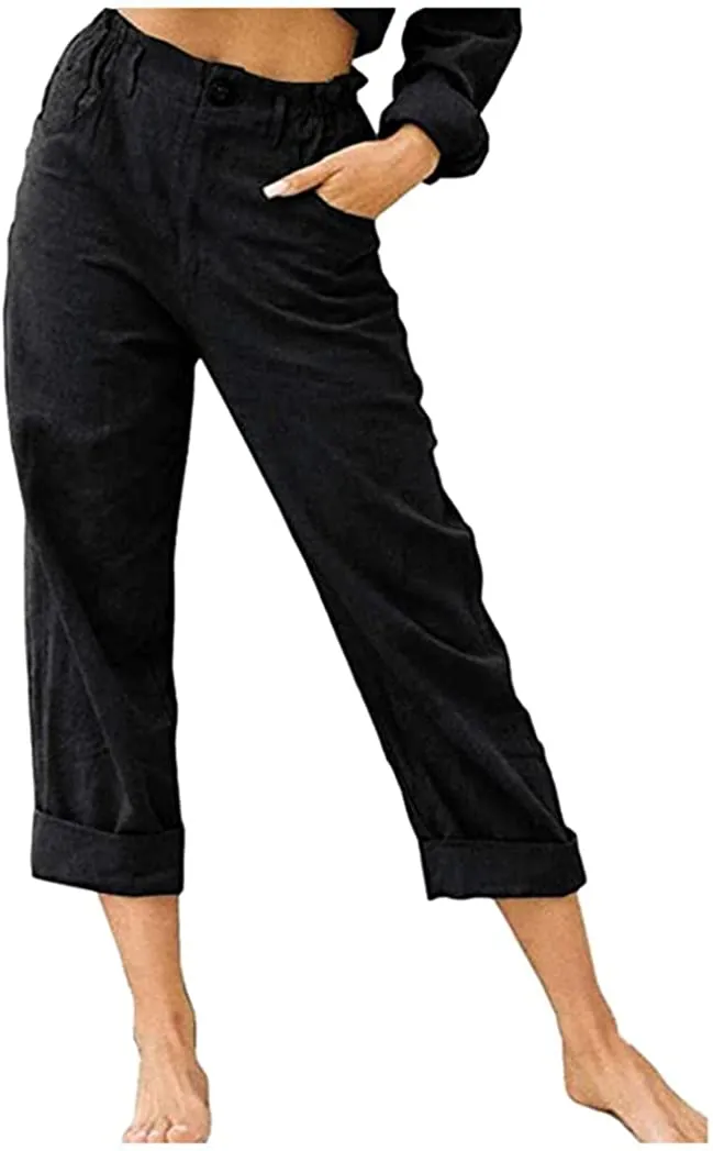 DressBetty - Linen Buttons Cropped Pants High Elastic Waist Stretch Capris Casual Work Crop Pants