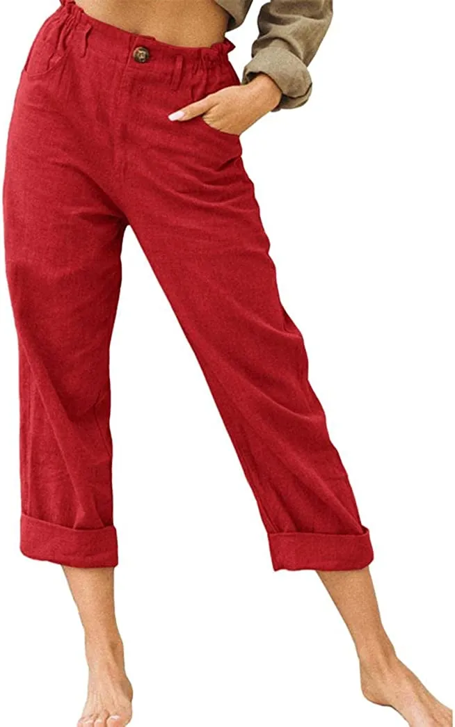 DressBetty - Linen Buttons Cropped Pants High Elastic Waist Stretch Capris Casual Work Crop Pants