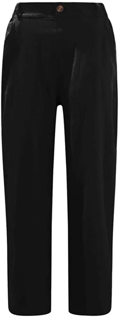 DressBetty - Linen Buttons Cropped Pants High Elastic Waist Stretch Capris Casual Work Crop Pants