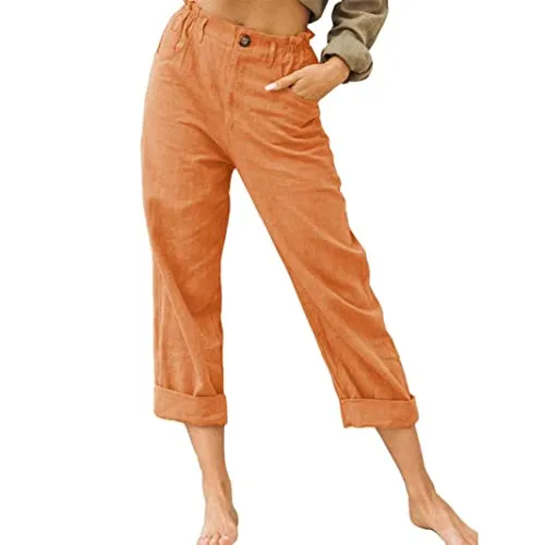 DressBetty - Linen Buttons Cropped Pants High Elastic Waist Stretch Capris Casual Work Crop Pants