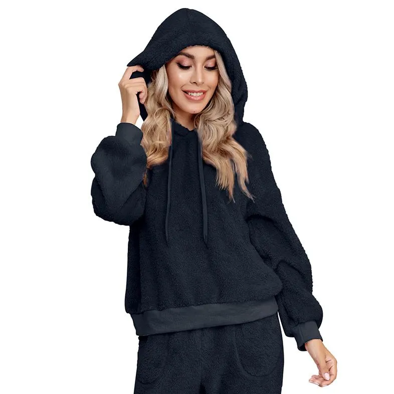 Drop Shoulder Drawstring Teddy Hoodie and Sweatpants