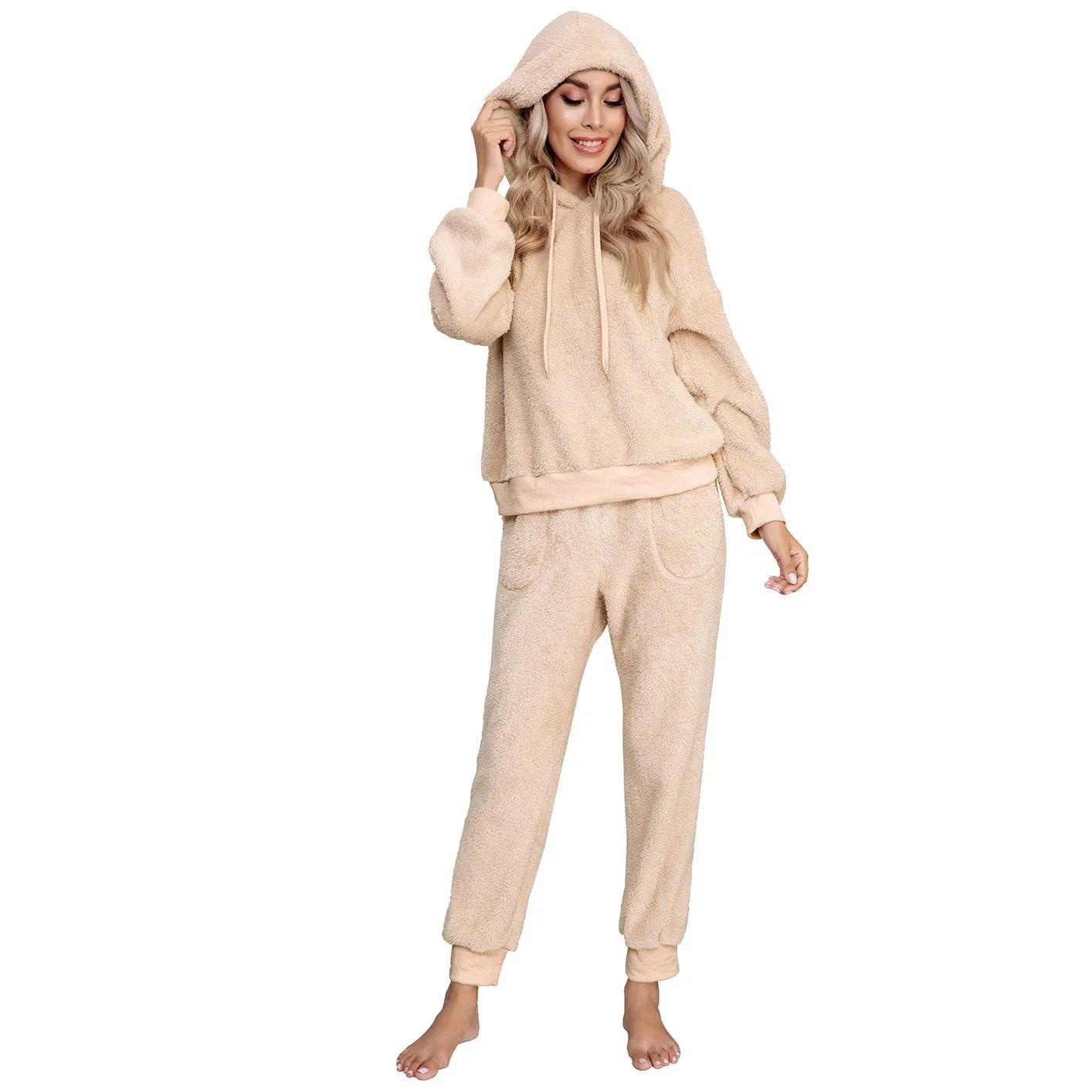 Drop Shoulder Drawstring Teddy Hoodie and Sweatpants