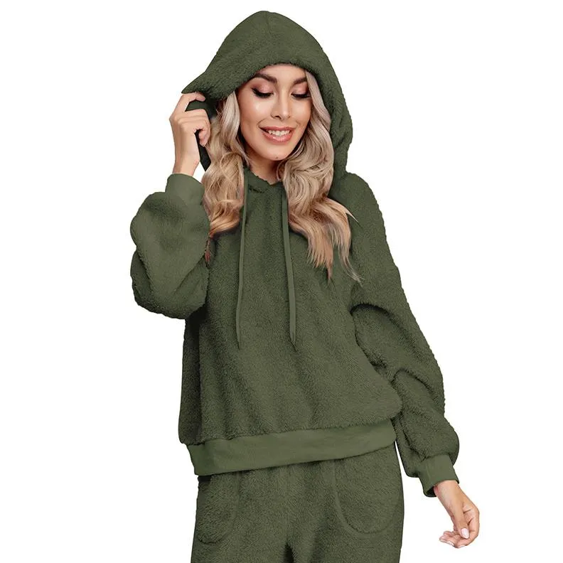 Drop Shoulder Drawstring Teddy Hoodie and Sweatpants