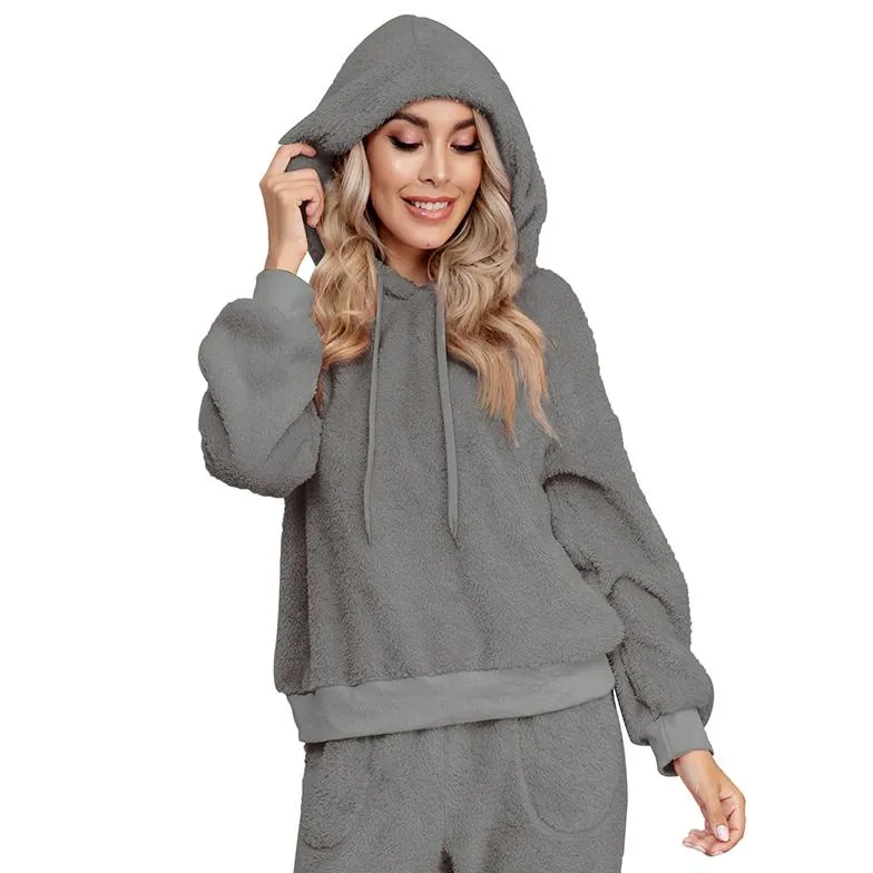 Drop Shoulder Drawstring Teddy Hoodie and Sweatpants