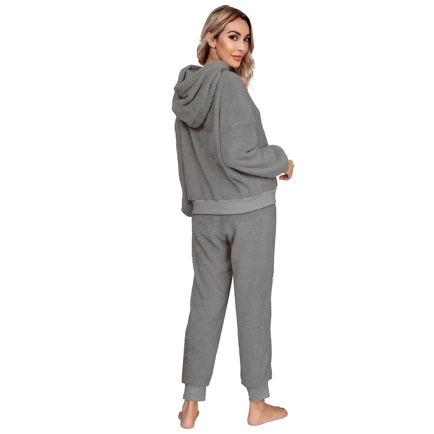 Drop Shoulder Drawstring Teddy Hoodie and Sweatpants