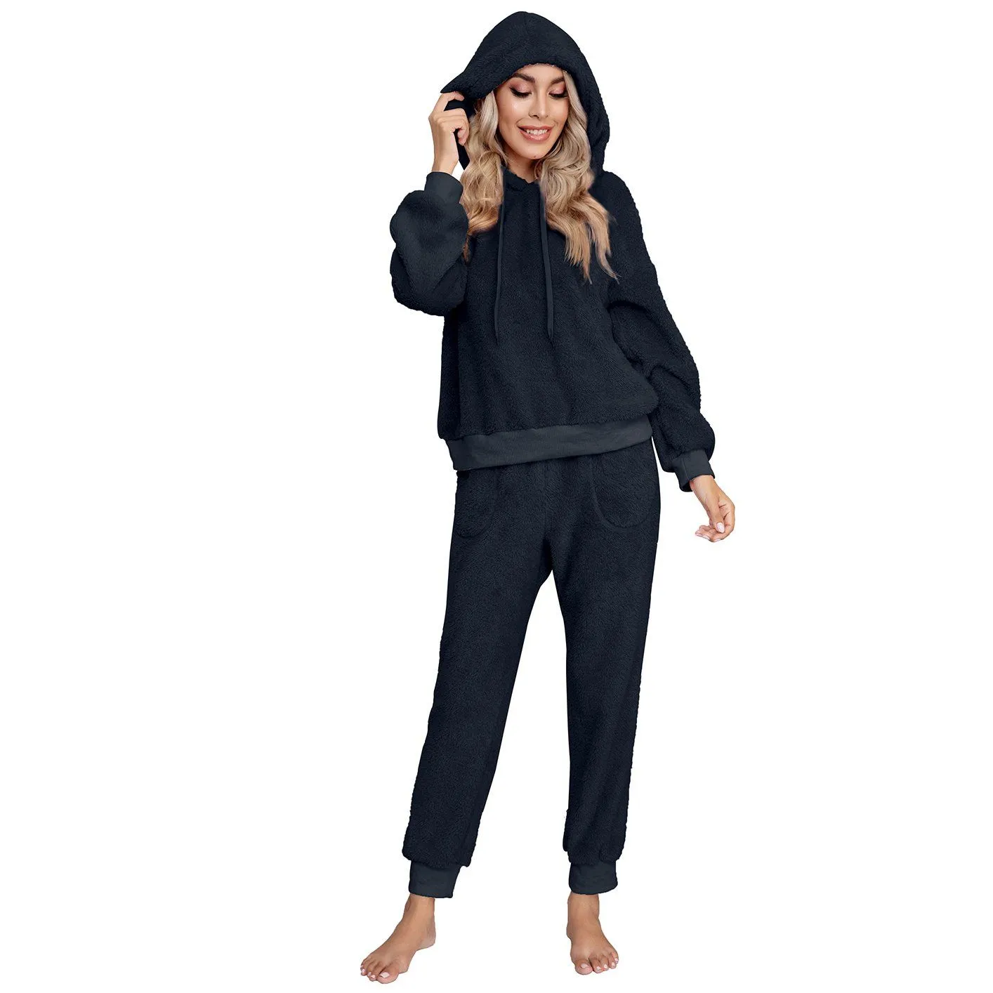 Drop Shoulder Drawstring Teddy Hoodie and Sweatpants