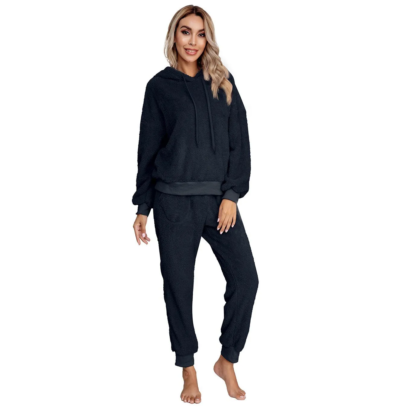 Drop Shoulder Drawstring Teddy Hoodie and Sweatpants