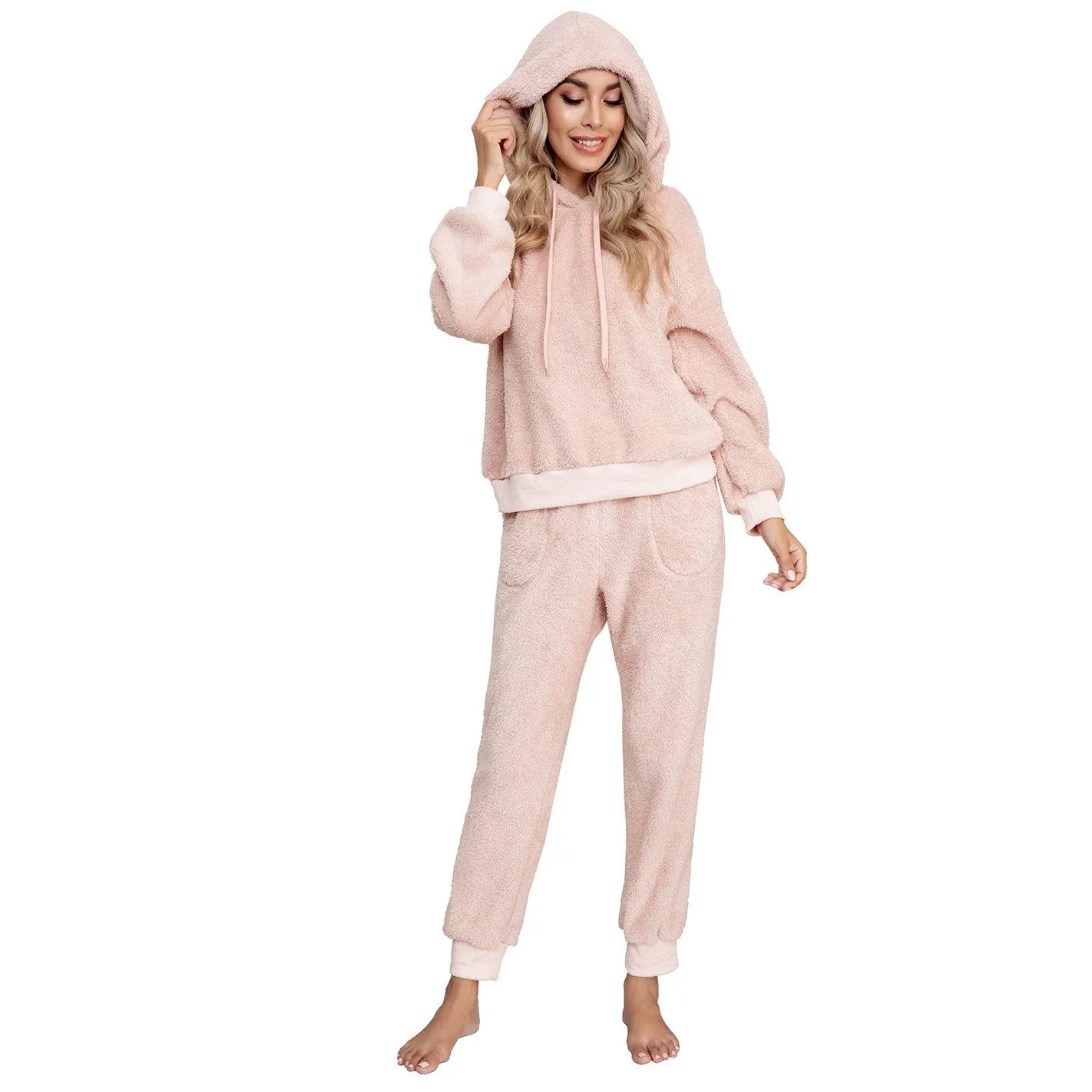 Drop Shoulder Drawstring Teddy Hoodie and Sweatpants