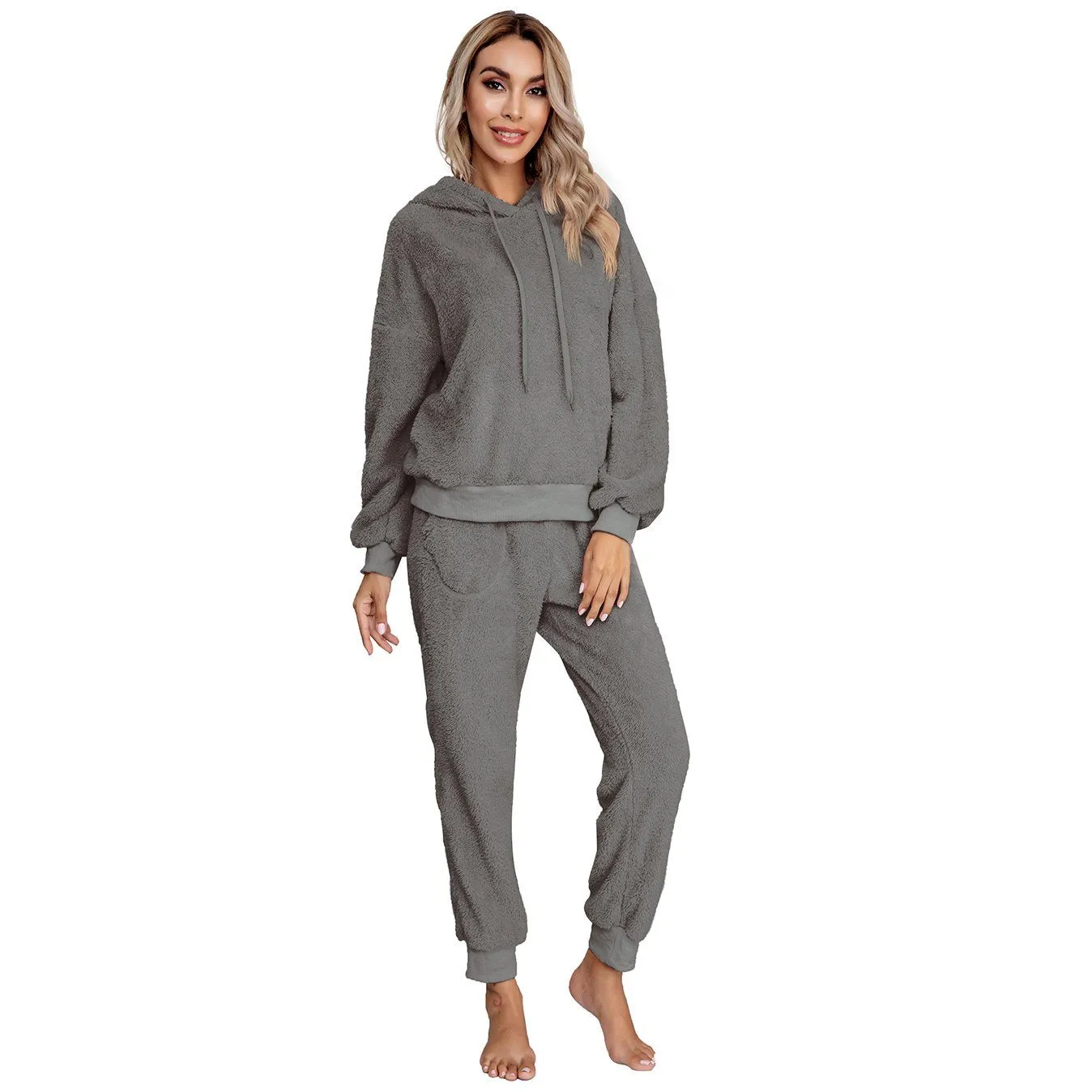 Drop Shoulder Drawstring Teddy Hoodie and Sweatpants