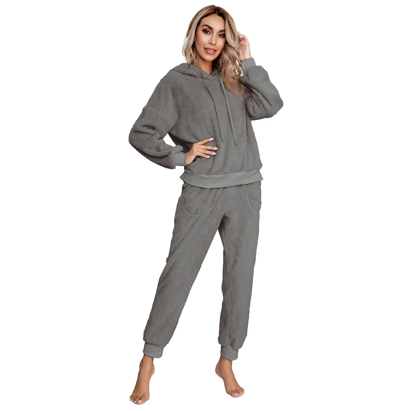 Drop Shoulder Drawstring Teddy Hoodie and Sweatpants