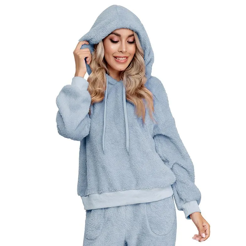 Drop Shoulder Drawstring Teddy Hoodie and Sweatpants